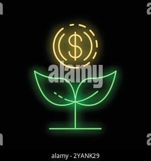 Neon sign of a green plant growing with a dollar coin on top, representing economic growth Stock Vector