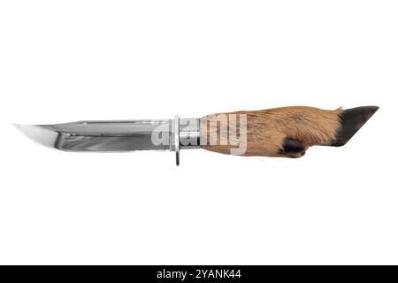 Knife with deer leg handle isolated on the white background. Roe deer hoof handle. Handmade knife Stock Photo