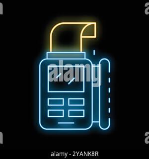 Blue and yellow neon icon of a credit card terminal printing a receipt on black background Stock Vector