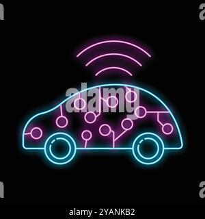 Neon icon of a smart car using a wireless network for communication and location is glowing on a black background Stock Vector