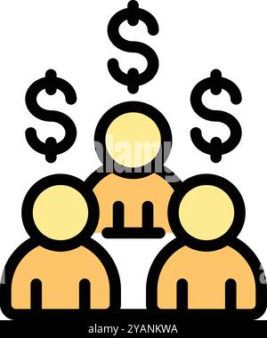 Three businessmen are standing together with dollar signs above their heads, representing a successful team generating profit Stock Vector