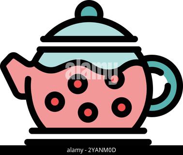 Pink polka dot teapot with a blue lid and handle standing on a plate Stock Vector