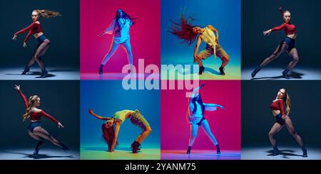 Collage. Passionate, elegant young women performing stiletto dance, high heels against gradient background in neon light Stock Photo