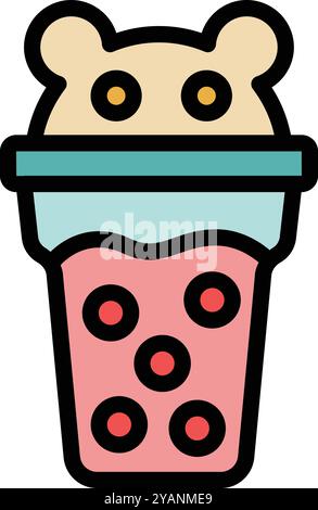 Plastic cup with a lid and a cute bear drinking bubble tea icon in a trendy flat design Stock Vector