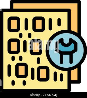 Digital file with binary code is being repaired with a wrench icon, concept for bug fixing Stock Vector