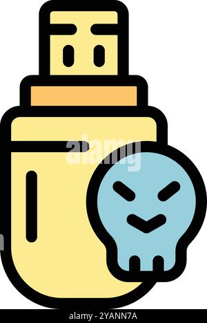 Usb flash drive is infected with a virus, as indicated by the skull icon, highlighting the dangers of malware Stock Vector