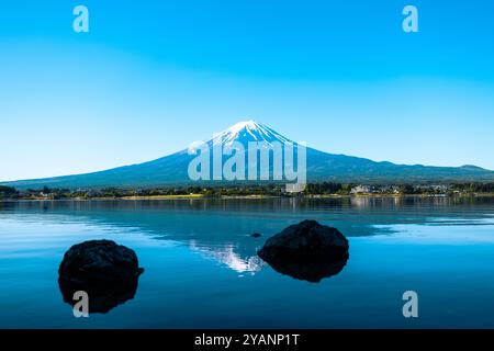 Mount Fuji taken from Lake Kawaguchi in May. Stock Photo