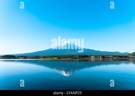 Mount Fuji taken from Lake Kawaguchi in May. Stock Photo