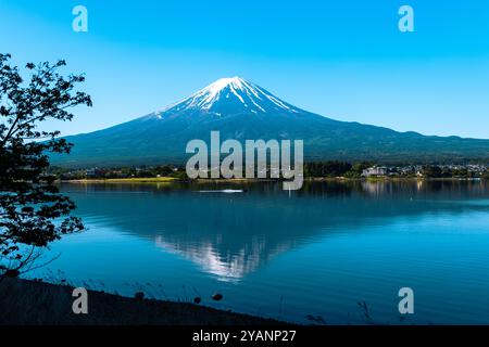 Mount Fuji taken from Lake Kawaguchi in May. Stock Photo