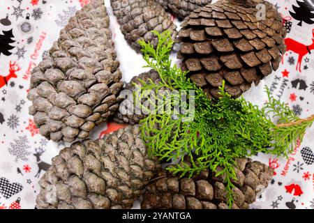Pine cones on a Christmas background. Close-up, macro. Stock Photo