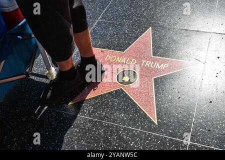 Street vendor trampling on the star of Donald Trump embedded in the terrazzo flooring of the Hollywood Boulevard Walk of Fame. Stock Photo