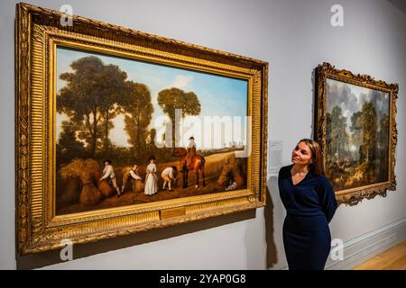 London, UK. 15 Oct 2024. George Stubbs, The Reapers, 1783 with Thomas Gainsborough, Cornard Wood, near Sudbury, Suffolk, 1748 - Discover Constable and The Hay Wain, a new exhibition at the National Gallery. It is part of NG200 celebrations which is apt as 1824 was a key moment for Constable as the painting garnered great acclaim at the Paris Salon. When it was first exhibited at the Royal Academy in 1821, it was viewed as an innovative reimagining of the landscape tradition. The exhibition shows how Constable came to be established as a master in the history of British art. It runs from 17 Oct Stock Photo