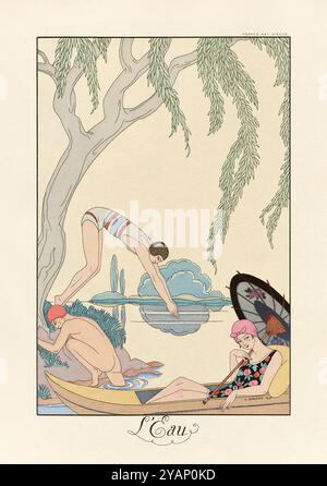 “L’Eau” (Water) illustration by George Barbier (1882-1932) showing three women in bathing attire in an Art Deco style. Photographs from original 1925 limited edition pochoir print portfolio. Credit: Private Collection / AF Fotografie Stock Photo