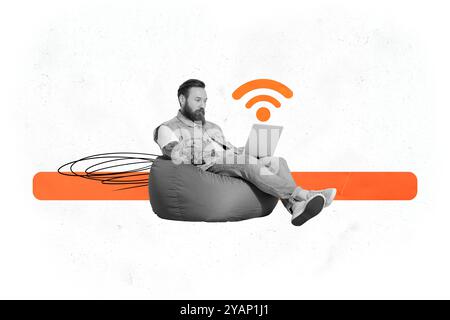 Composite photo collage of serious busy freelancer man surf laptop work fast connection 5g wifi network isolated on white color background Stock Photo