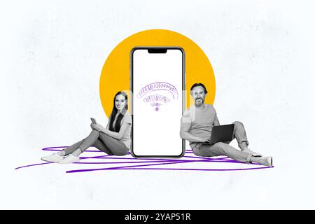 Creative collage image young woman senior man freelancers laptop digital device smartphone internet connection signal wifi hotspot Stock Photo