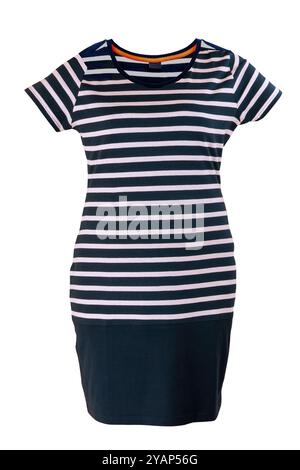 Fashionable summer clothes isolated. Elegant trendy black and white striped womans dress in marine style on mannequin. Clipping path. Summer fashion. Stock Photo