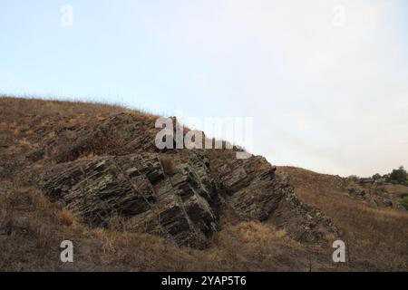 The stones protruding from the ground are partially covered with a thin layer of moss. Stock Photo