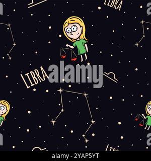 Vector seamless pattern with the zodiac sign Libra. Background with starry sky and constellation for wrapping paper Stock Vector