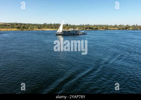 Aswan, Egypt; January 17, 2024: Enjoy breathtaking panoramic views of the Nile River as you sail among a multitude of boats. Immerse. Stock Photo