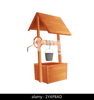 Old wooden well, medieval device to lift drink water in bucket from underground spring vector illustration Stock Vector