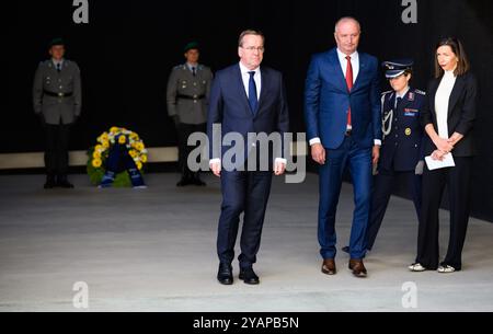 Berlin, Germany. 15th Oct, 2024. Boris Pistorius (SPD, M), Federal Minister of Defense, and Zukan Helez (3rd from right), Minister of Defense of Bosnia and Herzegovina, lay a wreath before a bilateral meeting at the Bendlerblock, the headquarters of the Federal Ministry of Defense. Credit: Bernd von Jutrczenka/dpa/Alamy Live News Stock Photo