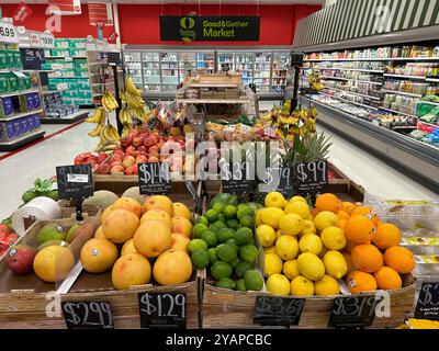 Fresh fruits on display in a local Target supermarket aisle. Stock Photo