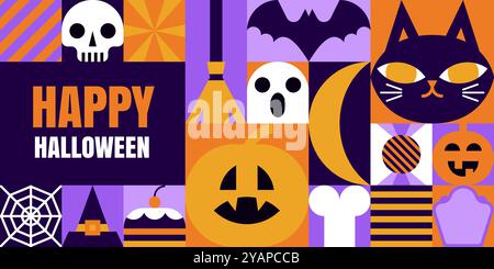 Happy Halloween geometric background. Holiday color block design with pumpkin, skull, cat, bat. Vector flat illustration for banner, poster, greeting Stock Vector