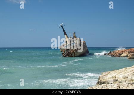 Shipwreck Cyprus,EDRO III,ran aground off Pegeia on 8 October 2011 in heavy seas, during a voyage to Rhodes, from Limassol, Stock Photo