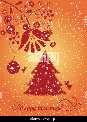 Red tree with snow on it and the words Happy Christmas written below it. There are also two angels and a ball ornament on the tree Stock Vector