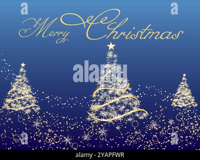 Merry christmas sign with three trees. The trees are decorated with snow and the sign is blue Stock Vector