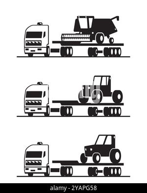 Transportation of heavy agricultural machinery in perspective – vector illustration Stock Vector