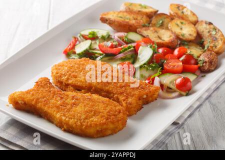 Crispy fresh breaded fish with potatoes and fresh vegetable salad close-up in a plate on a wooden table. Horizontal Stock Photo