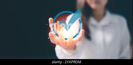 Business technology, concept of quality assurance is highlighted with approval certificate and guarantee, depicted in cyberspace panorama banner with Stock Photo