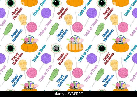 A seamless Halloween-themed pattern featuring a pumpkin basket filled with spooky candies, lollipops, and festive Happy Halloween text. Stock Vector