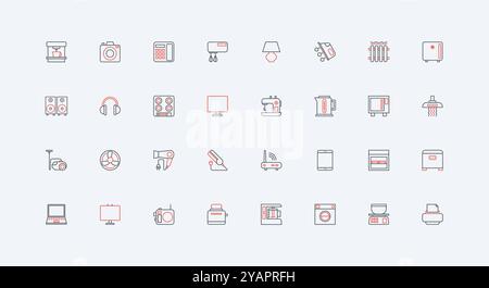 Electrical appliances for home living room and bedroom, kitchen and bathroom, laundry line icon set. Modern household devices, computer, laptop thin black and red outline symbols vector illustration Stock Vector