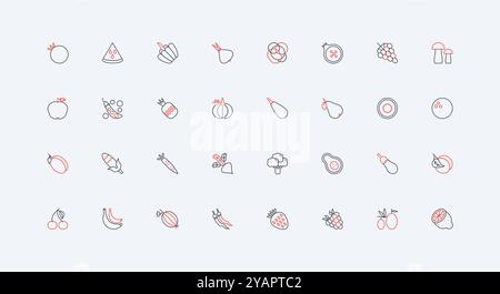 Vegetable, fruit and berry farm harvest, fresh food line icon set. Tomato carrot orange mushroom cabbage pepper broccoli banana cherry strawberry thin black and red outline symbols vector illustration Stock Vector