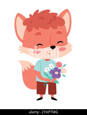 A cartoon fox holding a bouquet of flowers. Stock Vector