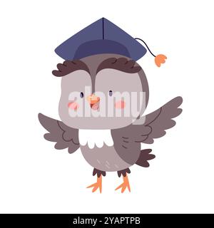 Cute funny cartoon owl in a graduate student cap.Cartoon flat illustration on a white background. Stock Vector