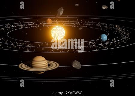 A close up of the solar system with the sun in the center and planet saturn Stock Photo