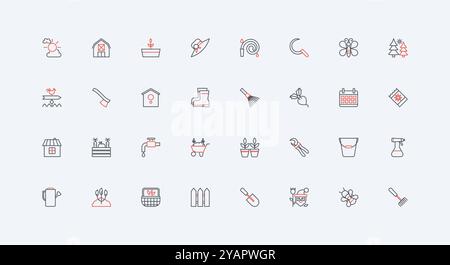 Gardening, garden tools for plant growing from seeds line icon set. Gardeners boots and hat, bucket, insect spray and herbicide, barn and fence thin black and red outline symbols vector illustration Stock Vector