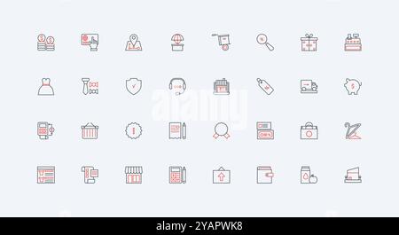 Orders and delivery from online retail store via mobile app line icon set. select and buy new dress, discount coupons offer, one click payment thin black and red outline symbols vector illustration Stock Vector