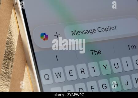 New York, USA - October 14, 2024: Texting promt to microsoft copilot on display close up view Stock Photo