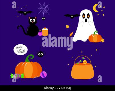Set of halloween illustrations, vector composition from pumpkin with sweets, black cat, tombstone, ghost bat, skull, cauldron. For sticker, print, scr Stock Vector