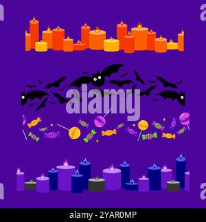 Cartoon set of Halloween illustrations seamless borders patterns. Bats. Candles, candy, lollipops. Vector. Good for design materials such as frames, d Stock Vector