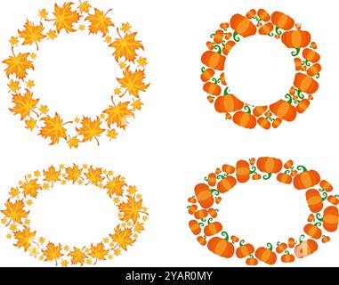Autumn colorful leaves, pumpkin round circle and oval frame template set. Cartoon Vector illustration for Halloween or Thanksgiving holiday cards, gre Stock Vector