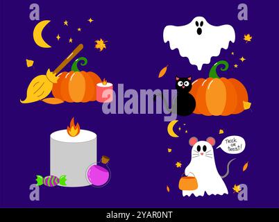 Set collection of vector compositions for Halloween. Magic vector set of illustrations with ghost, pumpkin, candle, black cat, candy, bat, baby in fai Stock Vector