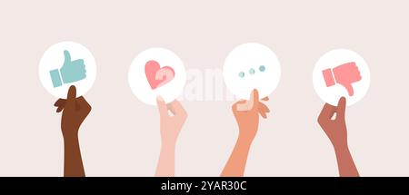 Hands of people of different nationalities and skin tones holding up like, dislike, heart and ellipsis signs, flat vector illustration Stock Vector