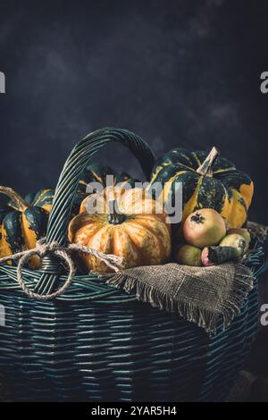 Basket with various small pumpkins with a striped pattern on dark background, vertical with copy space Stock Photo