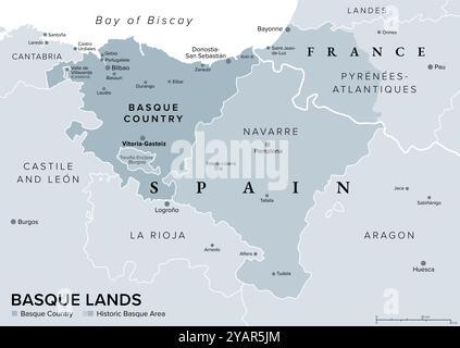 Basque Lands, gray political map. Basque Country, autonomous community in Spain with capital Vitoria-Gasteiz in dark gray. Stock Photo