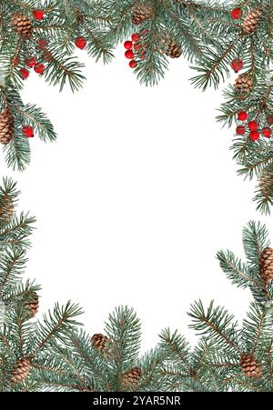 Festive Christmas frame made of conifer branches decorated with cones and artificial red berries. Frame isolated on white background, copy space. Stock Photo